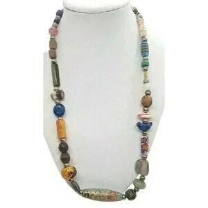 Vtg Bead Necklace Native Boho Fetish Heishi Scarab Shell Wood Murano Coral